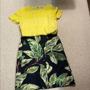 Elegant Yellow Lace Top with Leaf Print Skirt